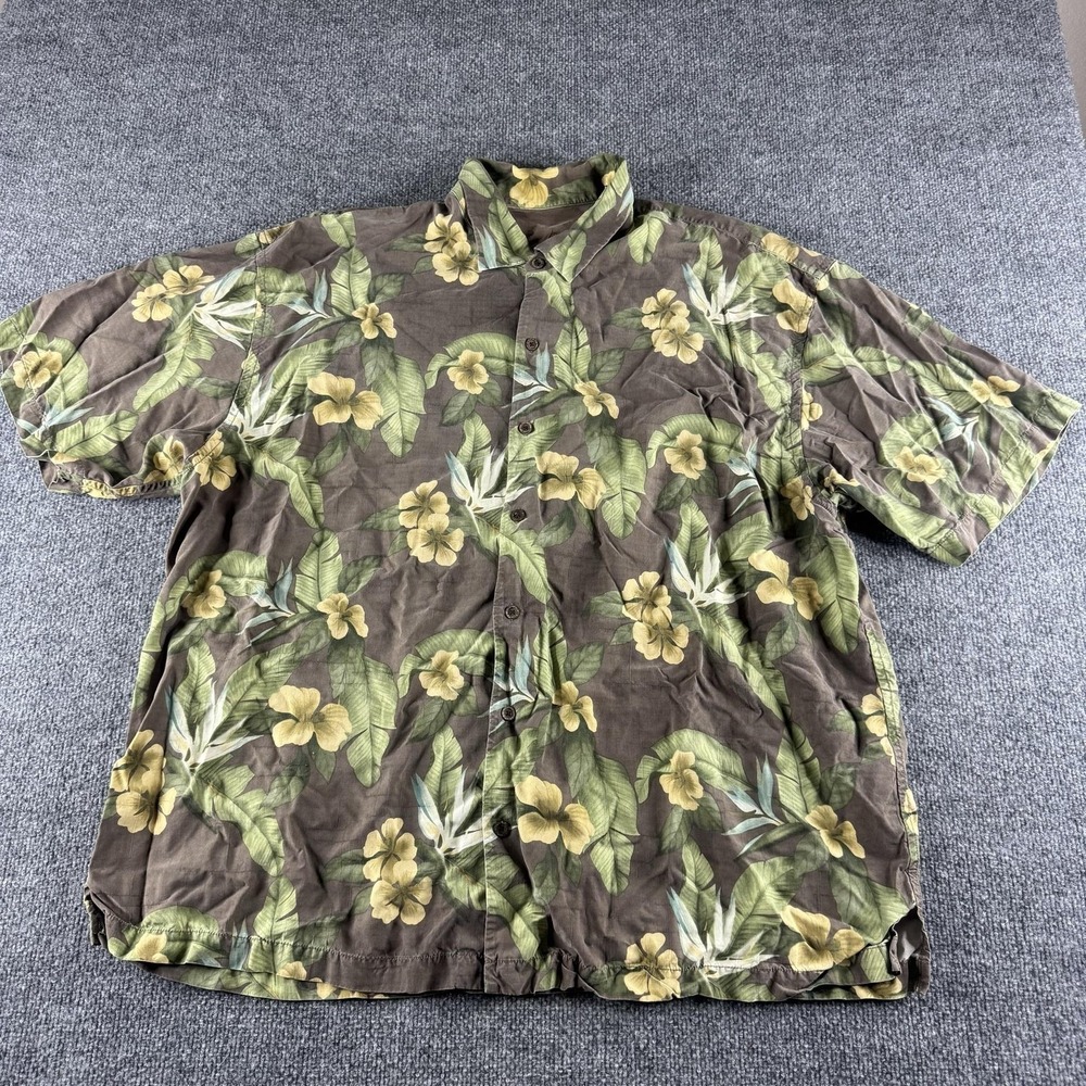 Tommy Bahama Shirt Mens 2XL Brown Floral Silk Short Sleeve Hawaiian‎ Button Up